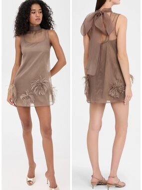 STAUD Albee Mini Dress in Truffle Brown Sequins Feathers SZ M